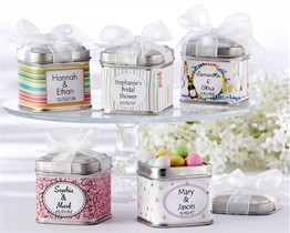 Unexpected Treasures! Favor Tin with Pre-Tied Organza Bow & 40 Custom Designer Labels - Set of 12