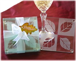 FALL IN LOVE Frosted Leaf Design Glass Coaster Set Wedding Favors - Set of 4