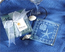 Beach Wedding Favor -  Shell and Starfish Frosted Glass Coasters - Set of 4